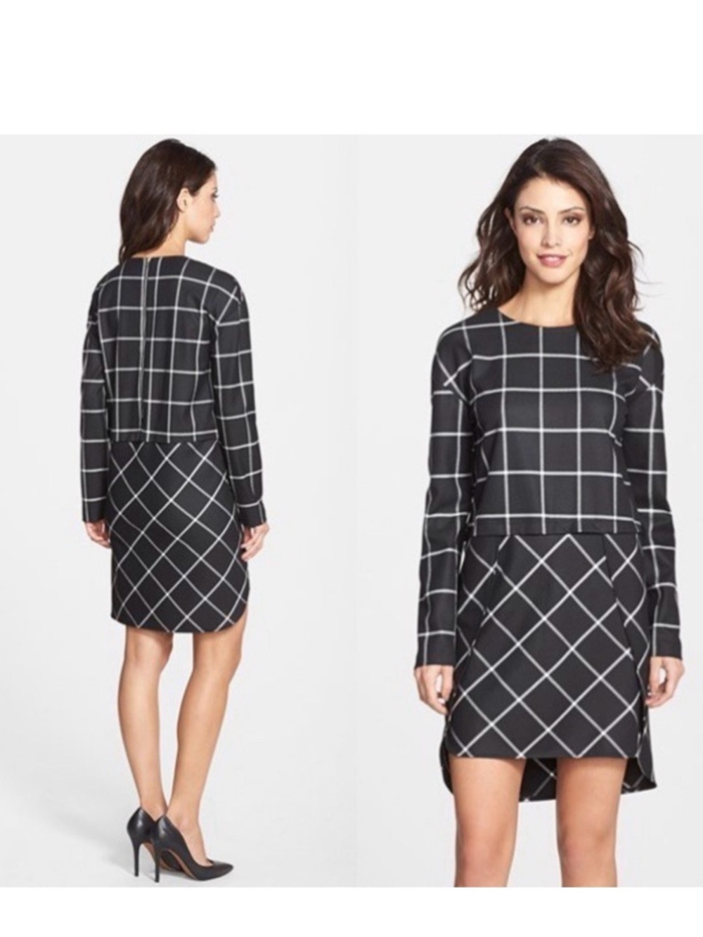 French Connection Fast Ciao Windowpane Plaid Shift Dress 6 Black White